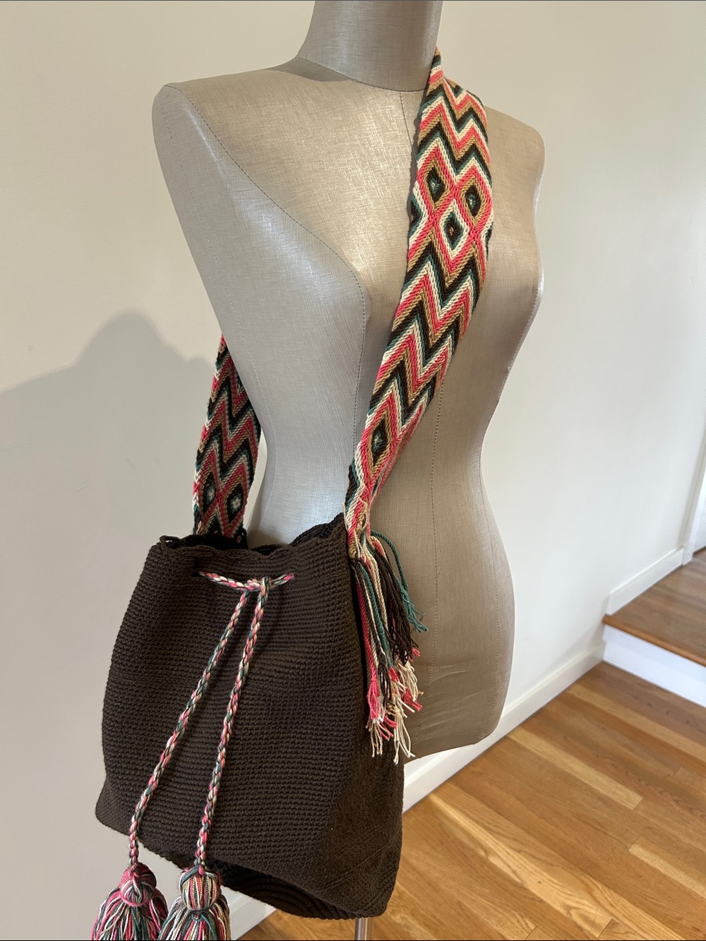 Handwoven Dark Brown Bucket Bag with Multicolor Strap